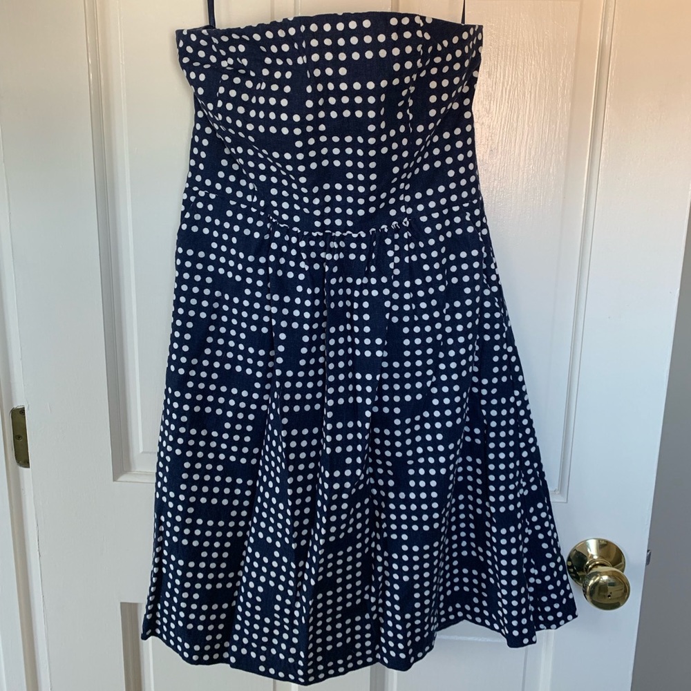 Navy Dot Pattern Strapless Dress - image 1